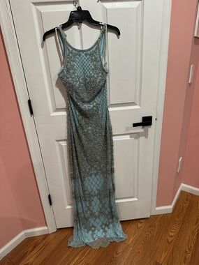 Sherri Hill Light Blue Beaded Mesh Maxi Dress